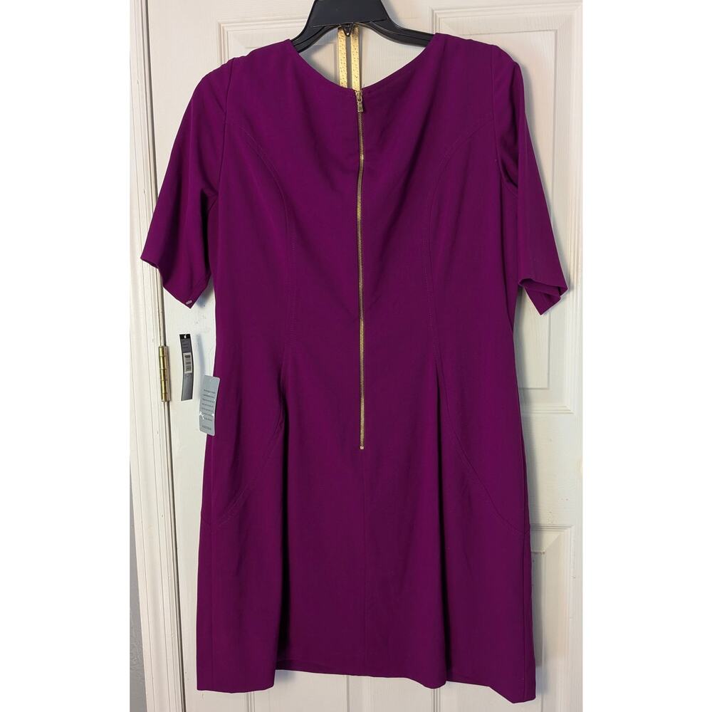 Tahari 16 Dress Purple Mulberry Half Sleeve Career Shift Knit Stretch Pockets XL - Picture 2 of 4